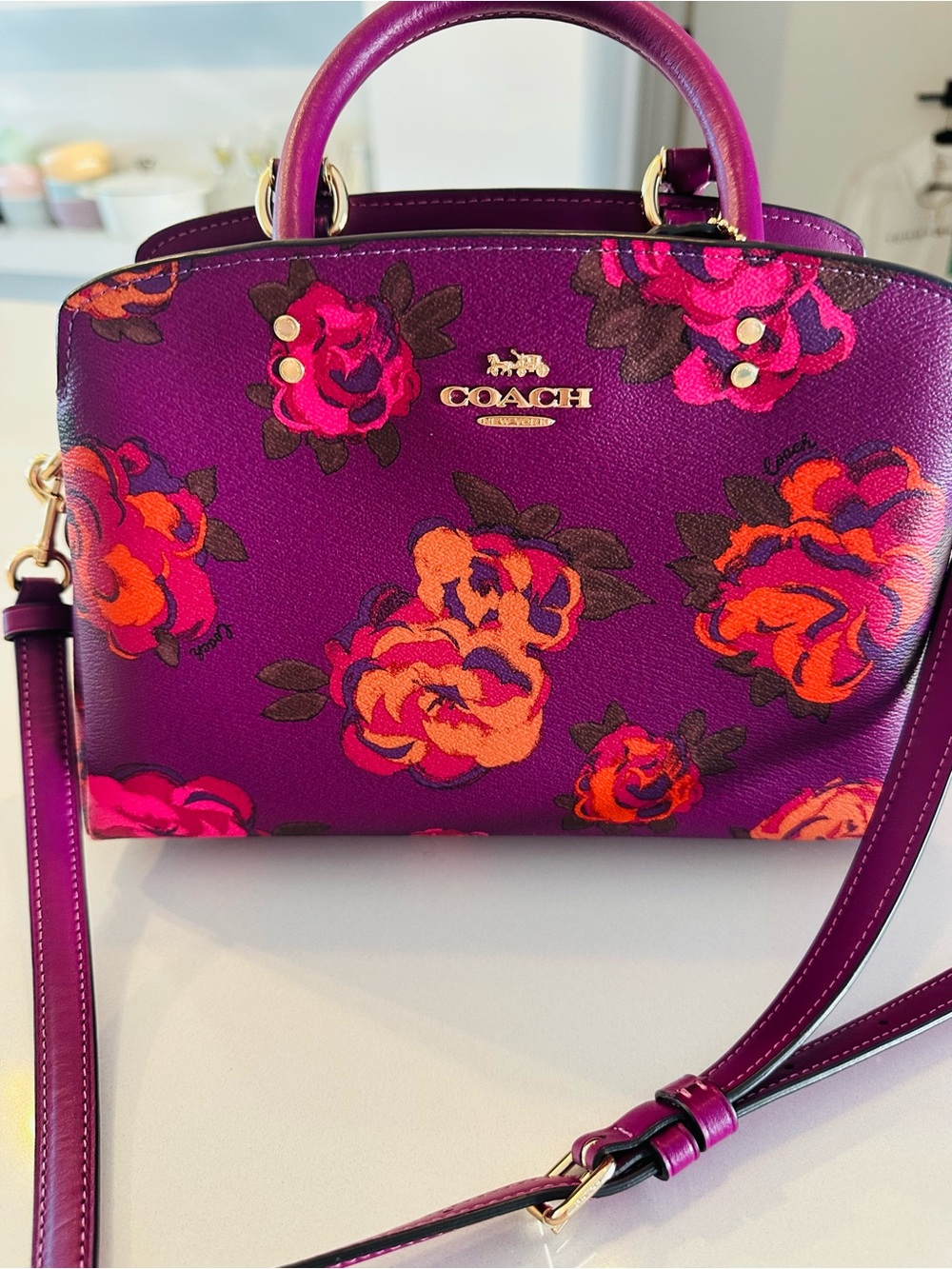 Coach Purple Floral Dome Satchel with Pink & Orange Blooms